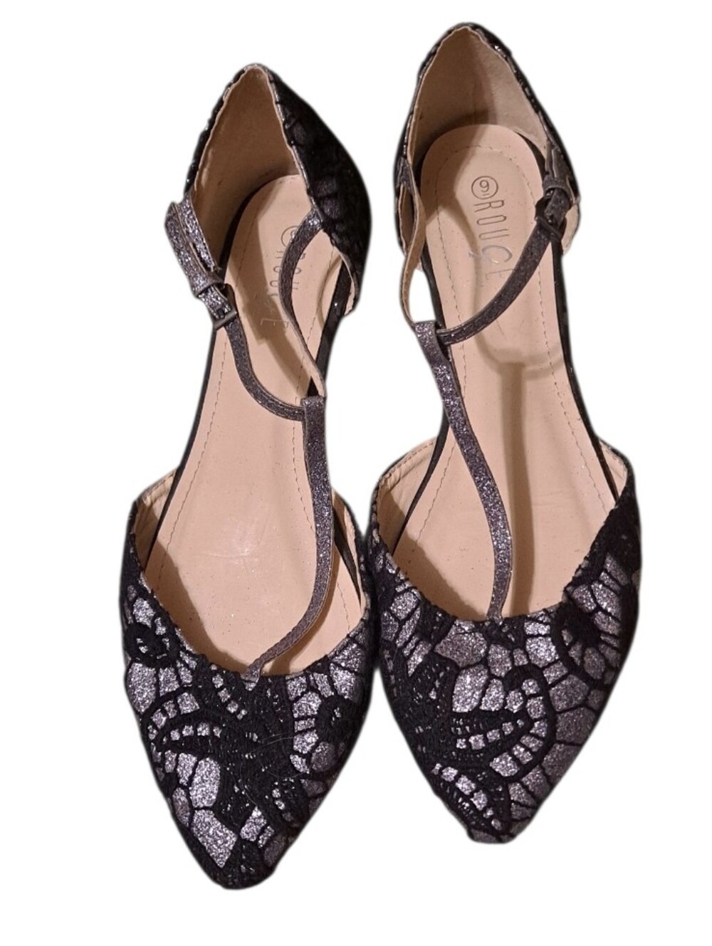 Rouge Helium Black Glitter Lace T-Strap Pointed Flats